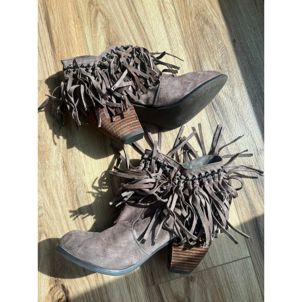 Not Rated Fringe Ankle Boots 7.5 Taupe Boho Western Rodeo Block Heel Booties Y2K